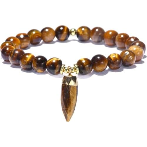 FYJS Unique 10 Pcs Light Yellow Gold Color Irregular Shape Pyramid Connect Tiger Eye Stone Elastic Bracelet Fashion Jewelry