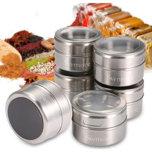 Jar Set Stainless Steel Magnetic Spice Tins Spice Organizer Condiment Container Clear Top Lid & Sift-Pour with Spice Labels