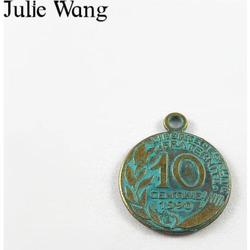 Julie Wang 10pcs Alloy Antique Green Imitate France 10 Centimes Charms For Necklace Pendants Findings Jewelry Making Accessory
