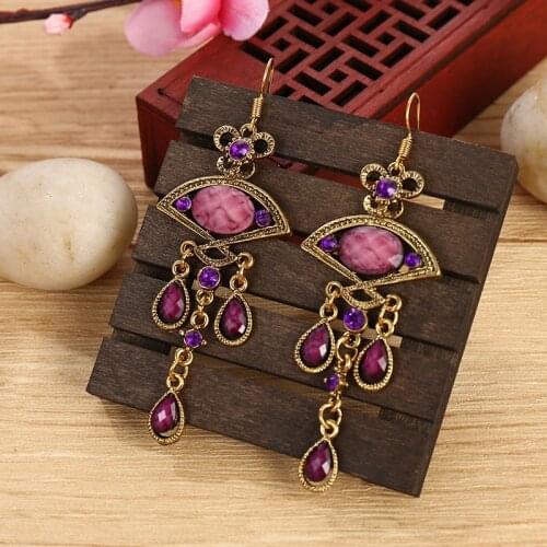 Classic Womens Ethnic Purple Crystal Earrings Hangers Boho Vintage Gold Sector Alloy Accessories