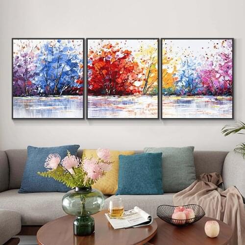 3pcs Blue Red Leaves Trees Oil Painting 100% Hand Painted On Canvas Modern Combination Painting Wall Art For Home Decoration