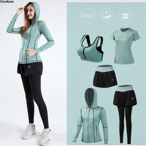 Yoga 5 Piece Set Women Quick Dry High Waist Pants+Shorts+Bra+T Shirt+Coats Outdoor Running Sportswear Suits Fitness Gym 3XL