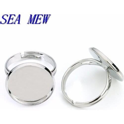 SEA MEW 50 PCS 10/12/14/16/18/20mm Cabochon Base Ring Settings Metal Copper Ring Rhodium Plated Ring Blank For Jewelry Making