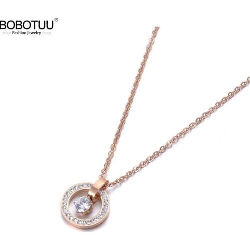 BOBOTUU Bohemia CZ Crystal Pendant Necklace Rose Gold Stainless Steel Rhinestone Clay Neckalce Jewelry For Women Gifts BN19032