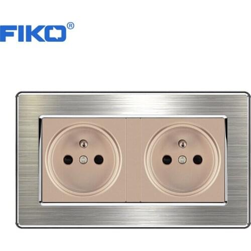 FIKO 16A FR EU stainless steel panel socket double frame socket family hotel , two gang wall power standard Household 146mm*86mm