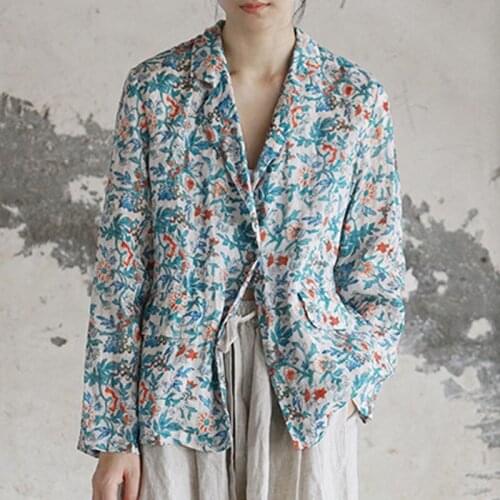 QPFJQD Vintage Printing Single Button Long Sleeve Coats 2020 Autumn Spring Women Loose Outwear Cotton Linen Casual Jackets