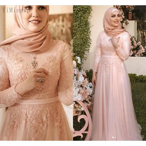 YiMinpwp Pink Prom Dresses O Neck Long Sleeve Floor Length Appliques Muslim Women Formal Evening Gown robes de soirée musulmanes