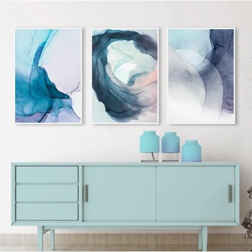 Blue Ink Bloom Modern Abstract Canvas Painting Nordic Posters and Prints Wall Art Pictures for Living room Home Wall Decor