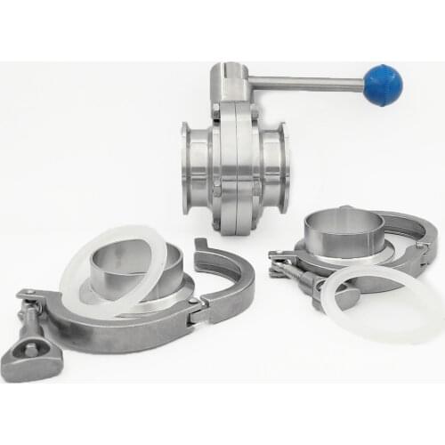 SS304 Sanitary Tri Clamp Butterfly Valve Set Stainless Steel 1 Tri Clamp Butterfly Valve 2 Clamp 2 Ferrule 2 Gasket