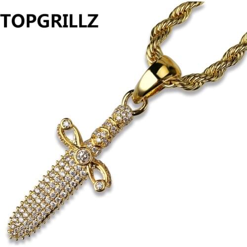 TOPGRILLZ Mens Hip Hop Jewelry Copper Gold Color Plated Cool Sword Pendant Necklace Micro Pave Zircon High Quality Party Gifts