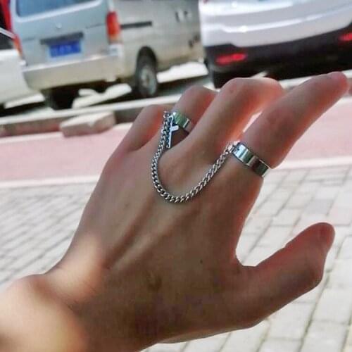Retro Punk Hip Hop Cross Ring Finger Chain Adjustable Two Link Ring Jewelry Gift Mens Womens Gothic Jewelry Set of Rings