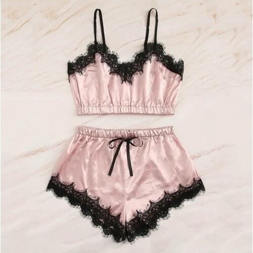 2-Piece Satin Sleeveless Nightdress Women Lace Pyjama Set Leisure House Comfortable Short Shorts Lingerie Negligee Sleepwear