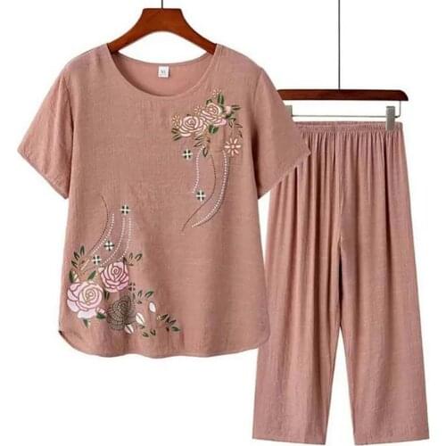Women Short Sleeve T-shirt Top Pants Floral Print Loose Loungewear Home Outfit