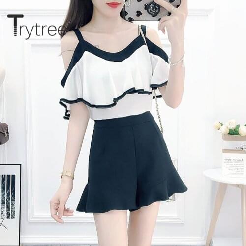 Trytree 2020 Summer Women Two Piece Set Casual V-neck Strapless Ruffles Tops + Short Solid 3 Color Fashion Set 2 Piece Set