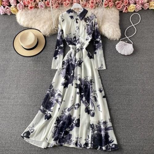 Popular big swing shirt collar dress 2021 spring women new retro ink painting print temperament slim long dress elegant robe 141
