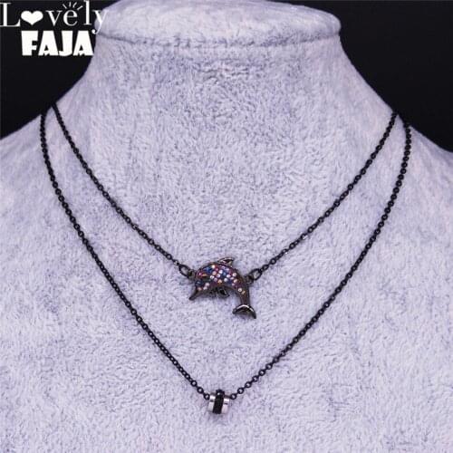 2pcsDolphin Stainless Steel Zircon Copper Layered Necklace Black Animal Neckalace Jewelry joyeria acero inoxidable mujer NC51S03
