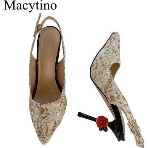 2019 Luxury Rose Flower Heel Slingbacks Elegant Pointed Toe Priting Dress Shoes Women