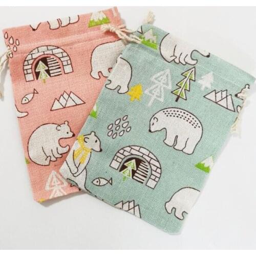 50pcs/lot 13x18cm Lovely Cute Sweet Flower Bear Cotton Linen Bags Gift Drawstring Bags Coffee Candy Jewelry Packing Bag