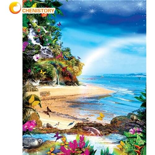 CHENISTORY Frameless Painting By Numbers Kits For Adults Children Rainbow On Ocean Landscape Picture By Number Home Artcraft