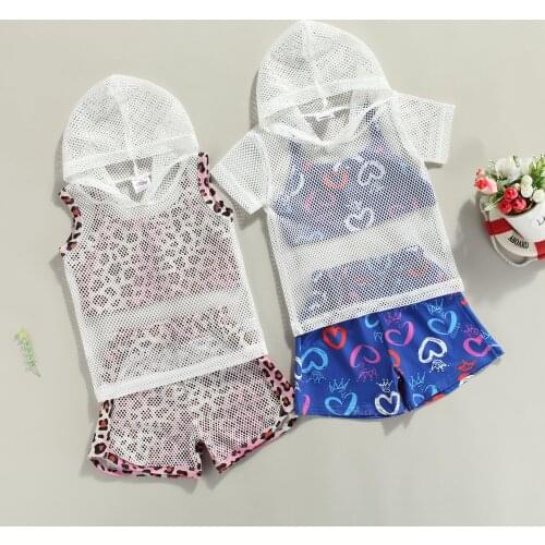 FOCUSNORM 1-6Y Summer Fashion Toddler Girls Clothes Sets 3pcs Leopard/Letter Printed Vest+Mesh Hoodies Tops+Shorts