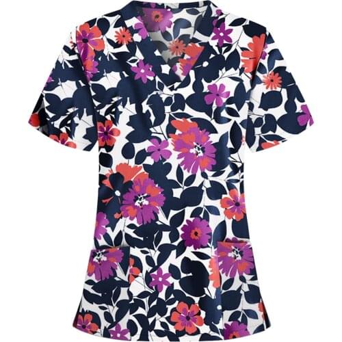Fashion Floral Print T shirt Women Health Care Workers Nursing Scrubs Top Short Sleeve Work Uniform With Pocket Enfermera A50