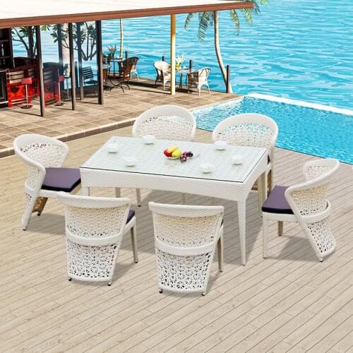 7 pcs Metal frame one table and six chairs outdoor garden rattan furniture Rectangular 6 Seater Set Dining Set