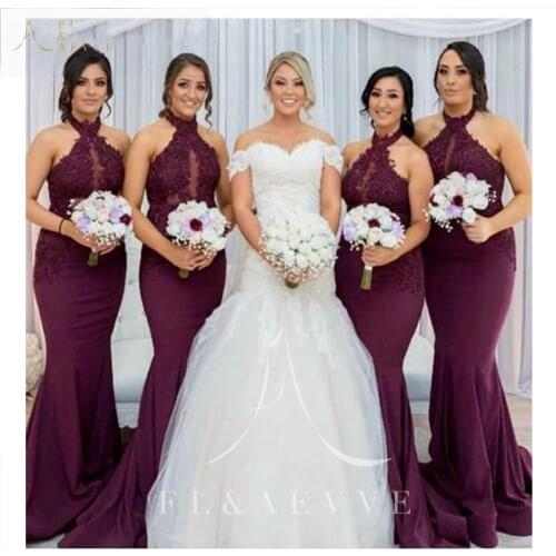 New Burgundy Satin Halter Neck Bridesmaid Dresses Lace Mermaid Wedding Party Gowns Plus Size Girl Dress Prom Gowns