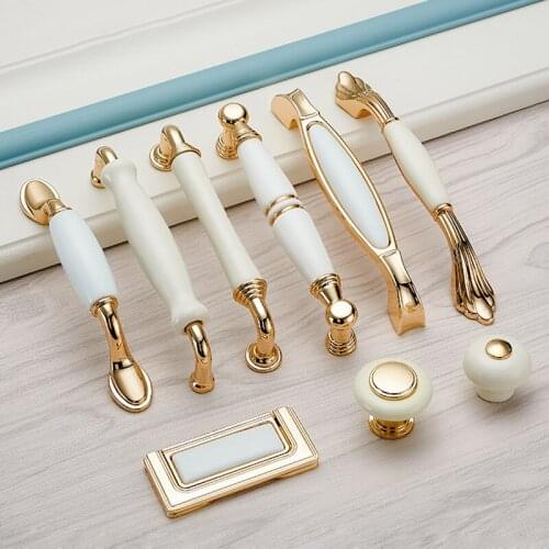 European-style Simple Ceramic Handle Modern European Zinc Alloy Inlaid Ceramic Knob and Pull Drawer Cabinet Gold Ceramic Handle