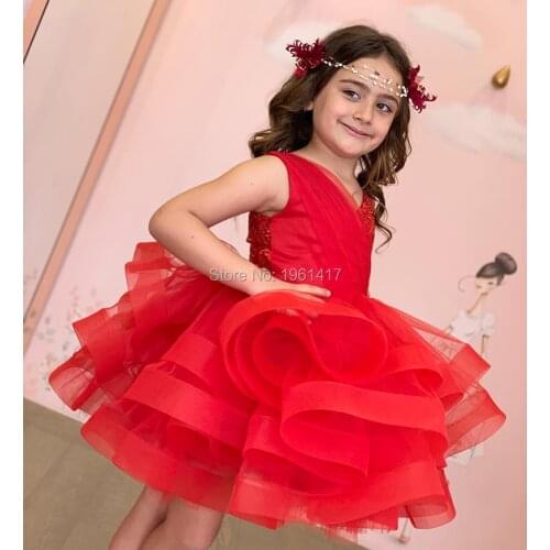 Puffy Red Ball Gowns Flower Girls Dresses Sequins Birthday Party Girls Pageant Gowns First Christening Communion Dress