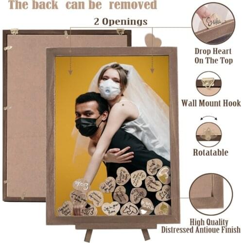 R7RC Coffee Wooden Wedding Guest Book Picture Frame Personalized Alternative Drop Top Sign Box with 80Pcs Hearts Display Stand