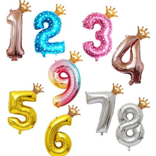 1Set 32inch Rose Gold Silver Number Balloon Crown Foil Balloon Digit Air Inflatable Balls Baby Shower Kids Birthday Party Decor