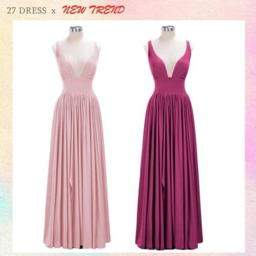 34 Colors Chiffon Long Formal Evening Dress Sexy Deep V Neck Split Pleated Backless Women Prom Gowns robe demoiselle d'honneur