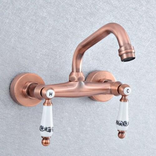 Antique Red Copper Wall Mounted Swivel Spout Vessel Vanity Faucets Dual Ceramic Lever Cold & Hot Water Mixer Bathroom Tap tsf906