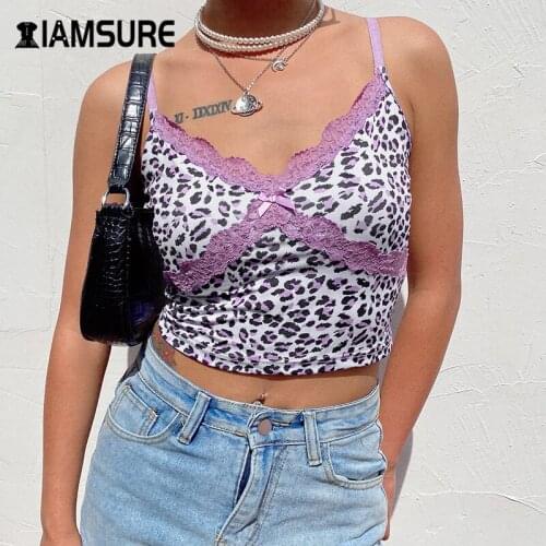IAMSURE Leopard Print Casual Home Fashion Female Tank Tops Streetwear Lace Patchwork V-Neck Aesthetic Crop Tops For Women