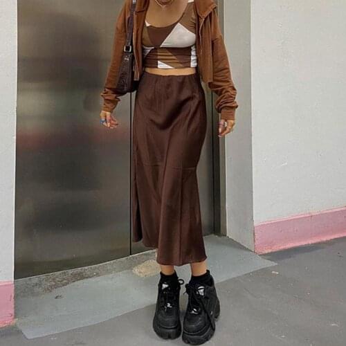 2021 New Girl Solid Color Buttom Satin Split Skirts Vintage Long Skirts Women High Waisted Summer Skirts Women Harajuku Skirts