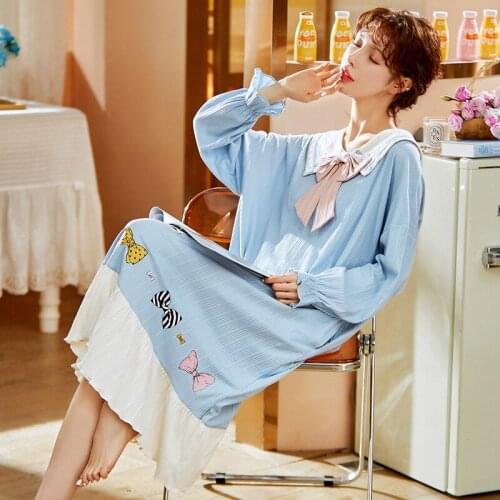 Autumn/Winter Womens Cotton Homedress Nightdress Long Sleeve Nightgowns One-piece Dress Sleepwear Loose Fashion Home Clothing