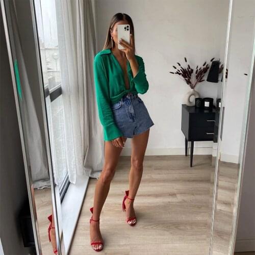 Women 2021 Fashion With Knitted Cropped Blouses Vintage Long Sleeve Side Zipper Female Shirts Chic Tops