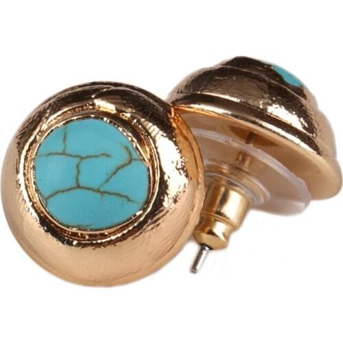 Simple natural turquoises blue howlite stone bead charm pure gold color frame rim push back stud earring for women man