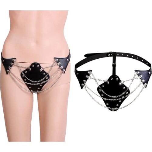 Women Sexy Panties Lingerie Chain Panties Lock PU Leather Thongs Sex Open Crotch Exotic Briefs Female Underwear Strap on Harness