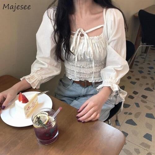 Shirts Women Summer Lace Up Square Collar Vintage Retro Ruched Sweet Tender Elasticity French Style Ulzzang Short Tops Lady Chic