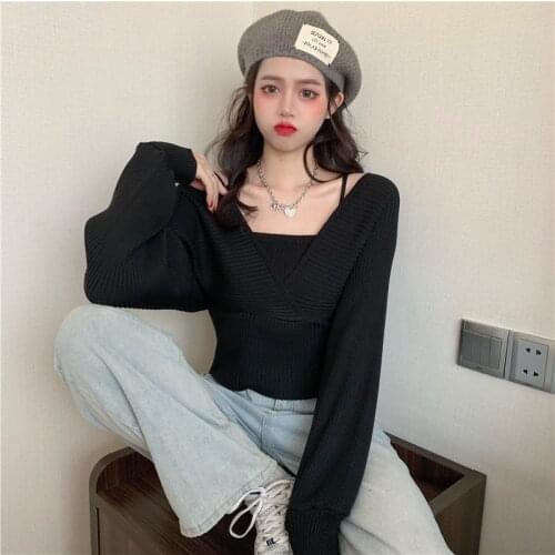 Women Short Crop Top Fake Two-Piece Slim Slimming Knitted Sweater Casual Solid Thin Camisole Square Neck Tank Top