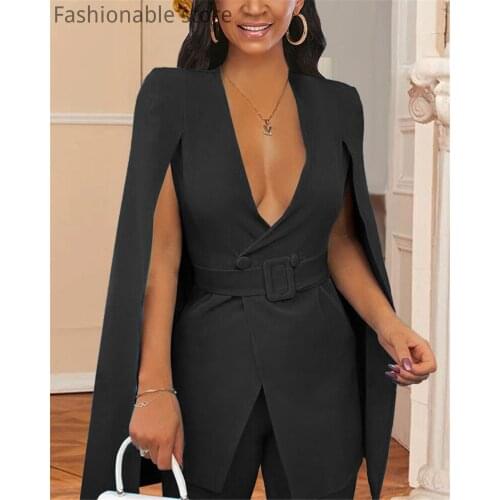 Women Plus Size Solid Color V-Neck Long Sleeve Blazer Coat With Sashes