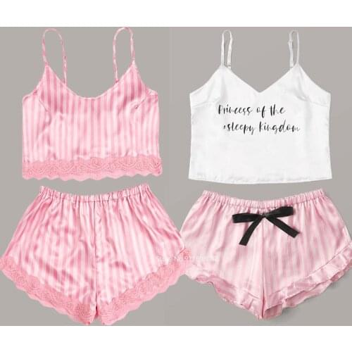 Women Sexy Pajamas Set Sexy Lace Spaghetti Strap Lingerie Sleepwear Silk Suit Casual V-Neck Female 2 Piece Nightwear Shorts Set