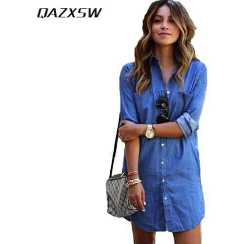 QAZXSW Spring Autumn Slim Denim Dress For Women 2018 Fashion Jeans Dress With Button Plus Size Sarafans Vestido Feminino HB502