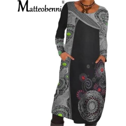 Hot Sale 2021 Autumn Hedging Print Ethnic Dress Women New Fashion Splice O-Neck Long Sleeve Pockets Mid Dresses Female Vestidos