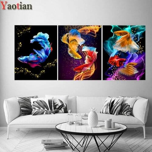 3 PCS DIY Diamond Painting Tropical goldfish color art 5D Diamond Embroidery Cross Stitch Full Square round Mosaic Sticker Gift