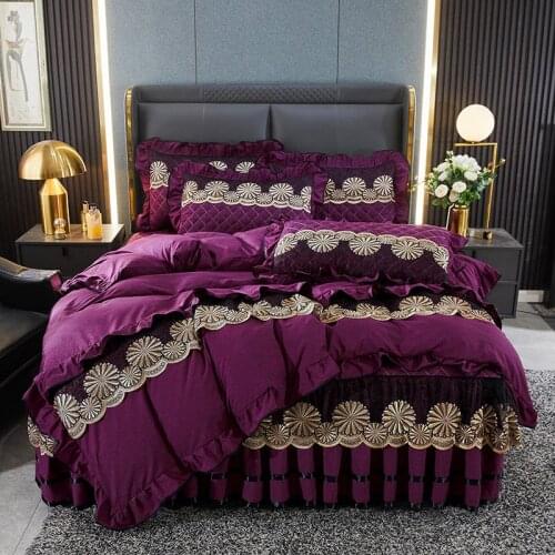 4Pcs Quilting with wool Solid embroidery Luxury bedding sets queen king size duvet cover set bed skirt set pillowcase bedclothes