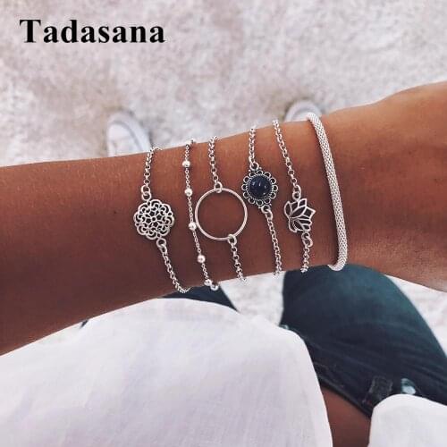 6Pcs/set Fashion Silver Color lotus charm Geometric Chain Bracelet Set Women Charm Bracelet Metal Party Jewelry Gift