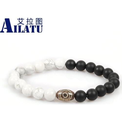 Ailatu Retail Jewelry Dzi Eye Stone Bead Charm and 8mm White Howlite and Matte Onyx Stone Beads Bracelet for Unisex