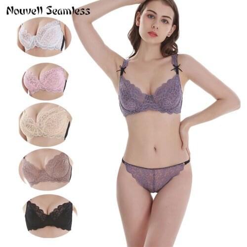 Nouvelle Seamless Sexy Lace Double-Breasted Bra Set Transparent Three-Quarter Thong Underwear For Womens Lingerie